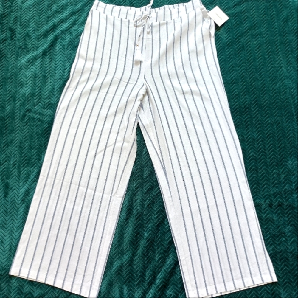 NWT Ellen Tracy High Rise Linen Blend Wide Leg Pant Drawstring Tassel‎ Pockets L - Picture 3 of 17